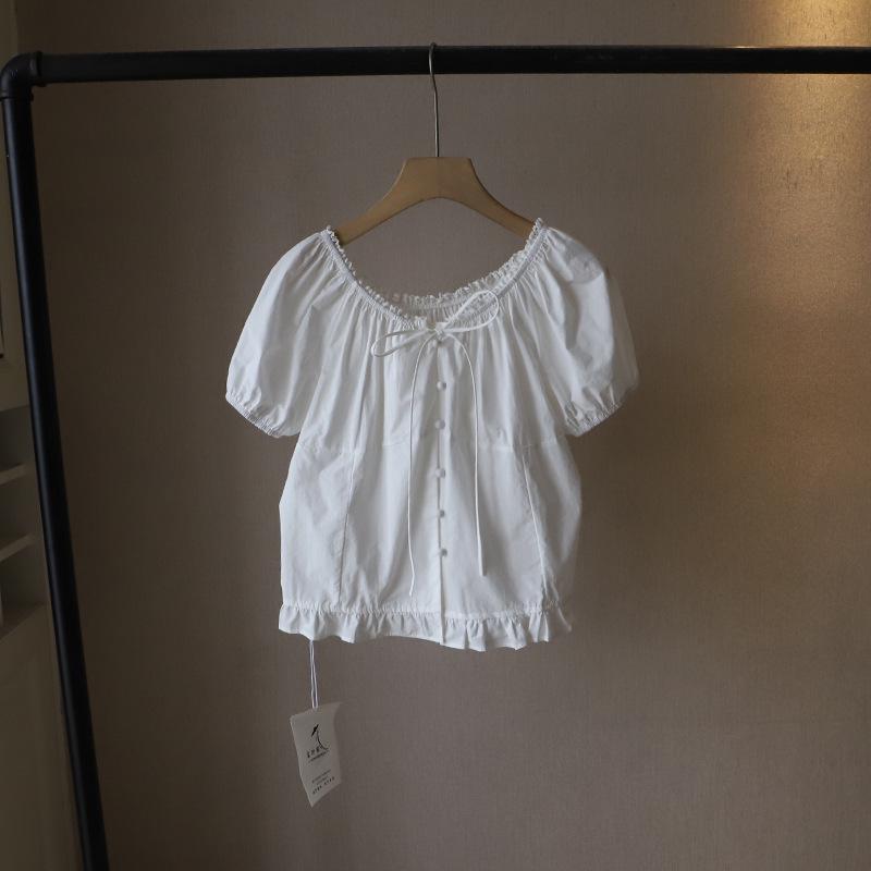 2025 Summer Korean Sweet Lace Trim Babydoll Top - Women's Short Sleeve Shirt