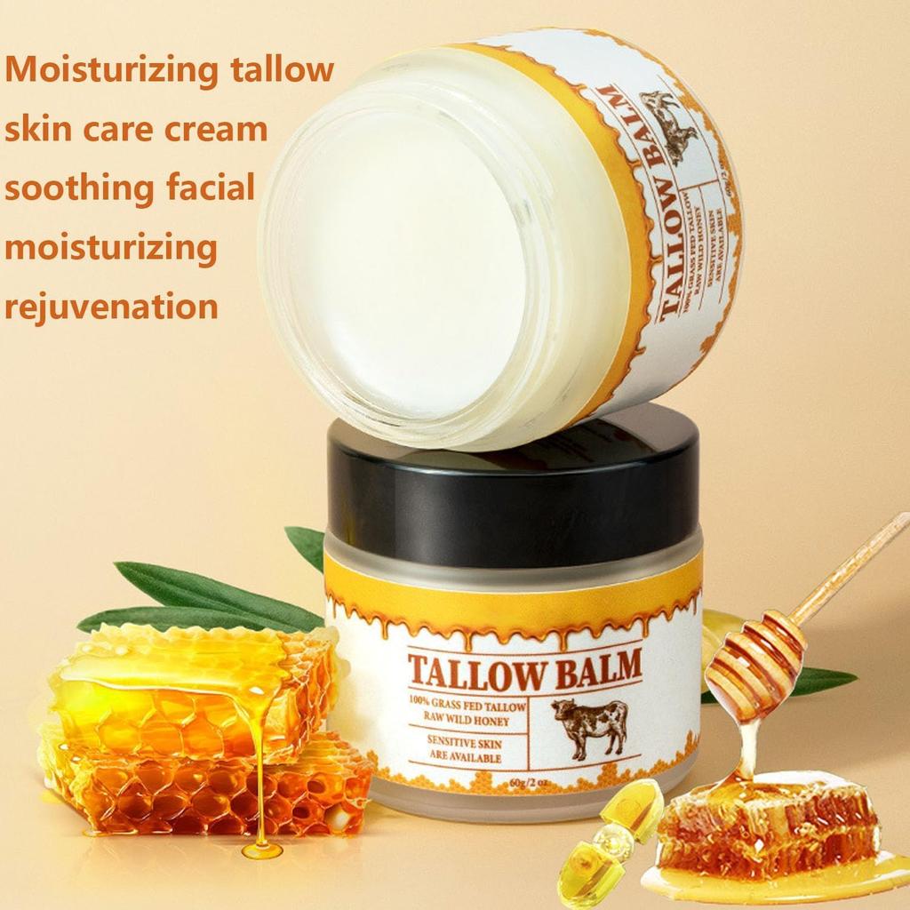 Tallow and Honey Balm for Face, Tallow Face Moisturizer, Grass Fed Organic Tallow Balm, Soothing Facial Moisturizing Suitable for Dry Skin (1pcs)