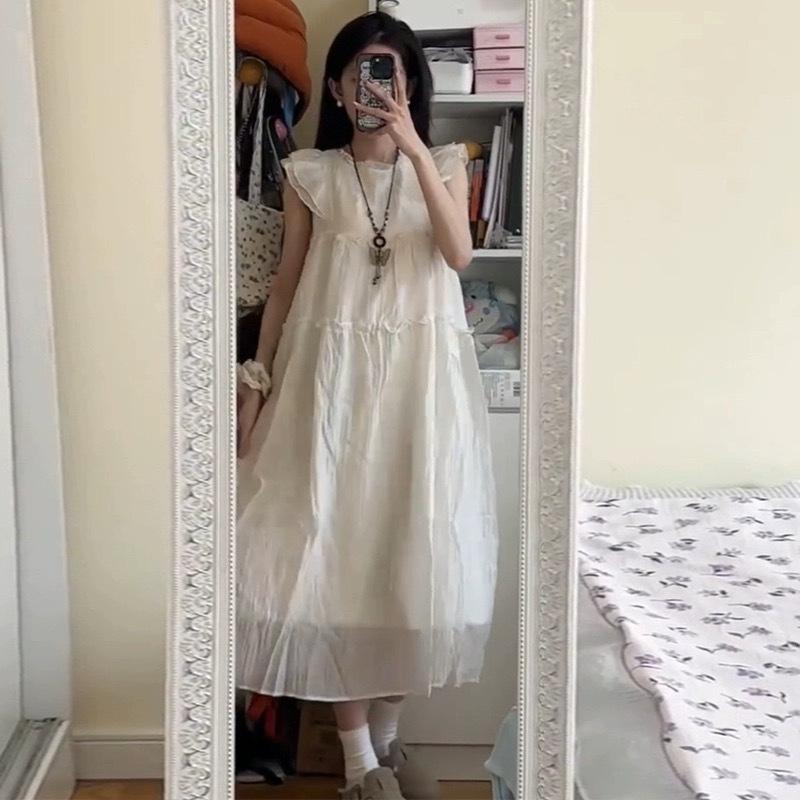 Summer New French Coffee Break Round Neck Small Flying Sleeve Dress Women's Niche Fresh Age Reduction Loose and Thin Vest Skirt
