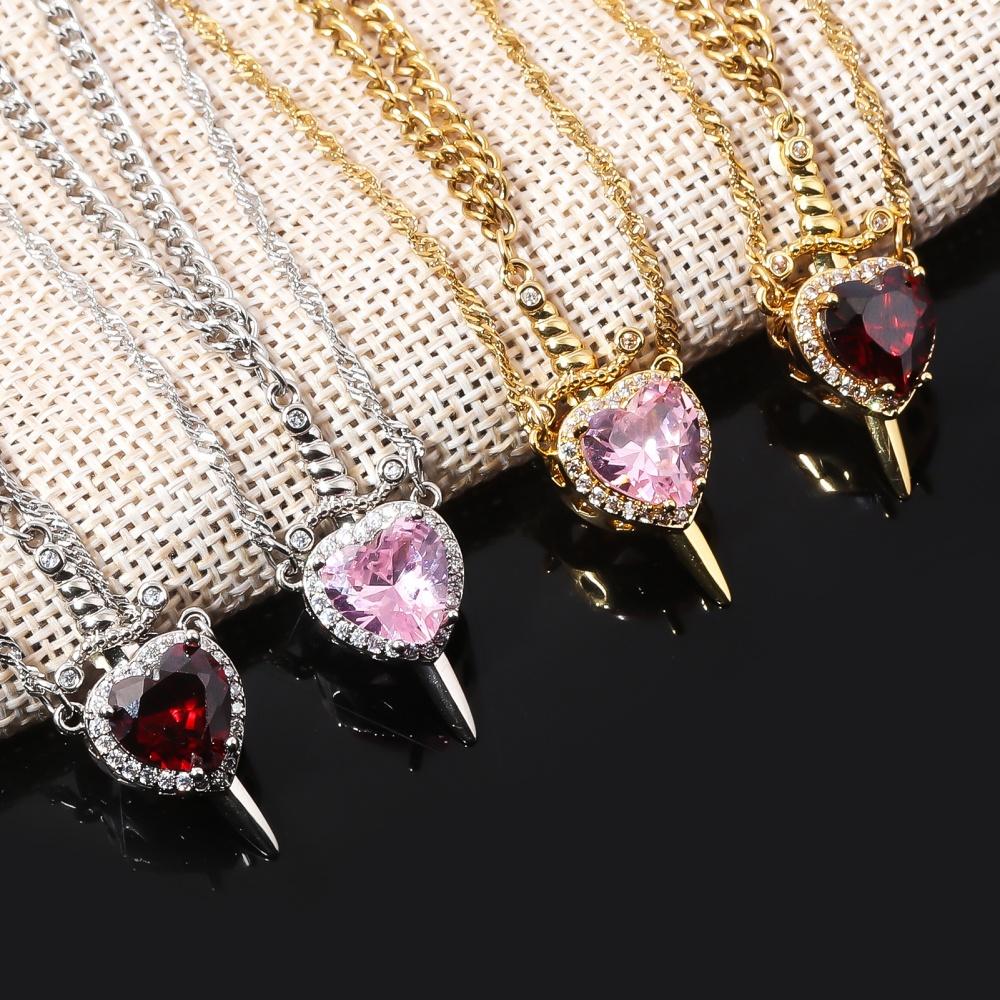 New Geometry Zircon Sword Heart Pendant Double layer Necklace Women's Trendy Fashionable Versatile Sweet Exquisite Jewelry Gift