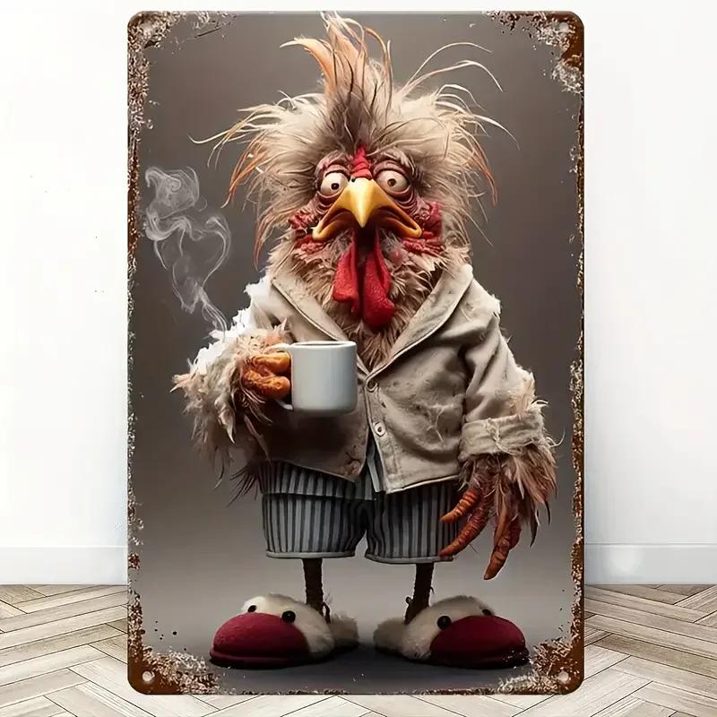Kreative Geschenke Wanddeko Stil Huhn mit Kaffee Schrullig für Küche Vorgebohrte Löcher Blech Fra Metallschild Metallplakette