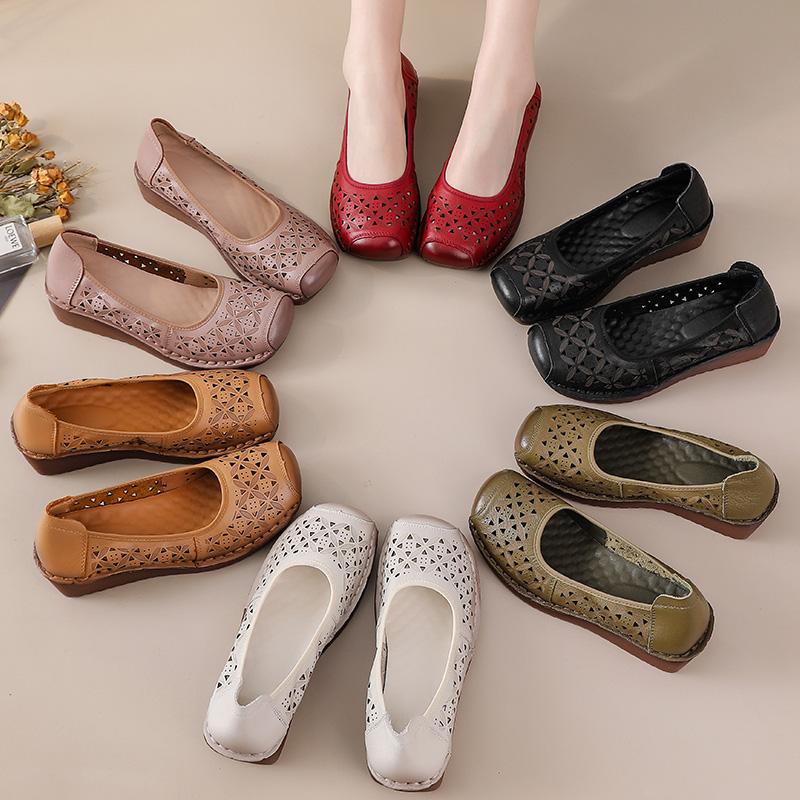 New genuine leather wedged sandals women's breathable summer autumn shoes elderly woman slip on shallow moccasins ladies sandal