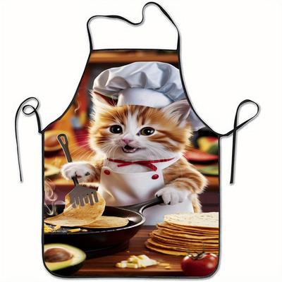 1pc Cute Cat Chef Pancakes Print Sleeveless Polyester Apron - Adjustable Unisex Kitchen Apron for Cooking, Baking, Home & Profes