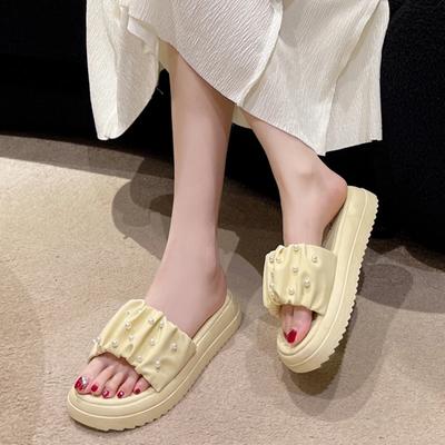 Sommer Neuer Stil Modische und Elegante Lässige Dicksohlige Sandalen Mit Perlen Verziert Leichter Flacher Absatz Zehenfrei Slipper NEIN:F169