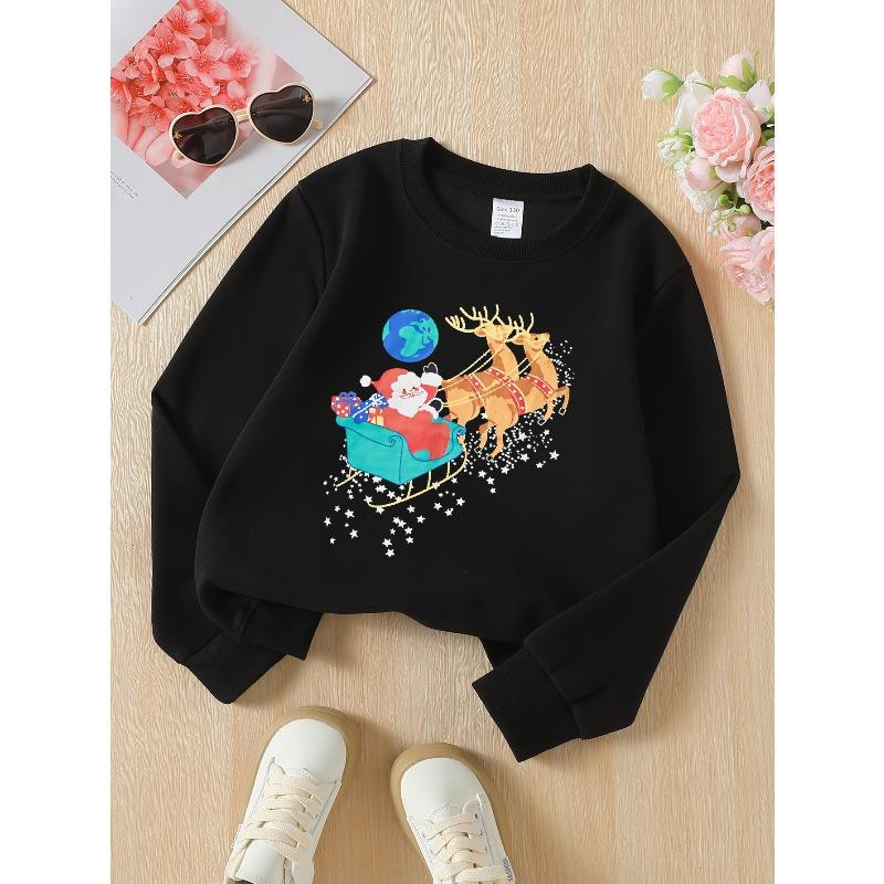 European sizes Santa Claus Reindeer Sleigh Christmas Stars Globe Girls' Crew Neck Sweatshirt, Autumn Winter Western Top.