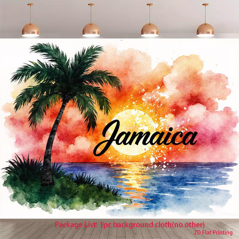 2D Jamaica Beach Sunset Photography Backdrop Watercolor Palm Tree Background 47.2x31.5inch/120*80cm