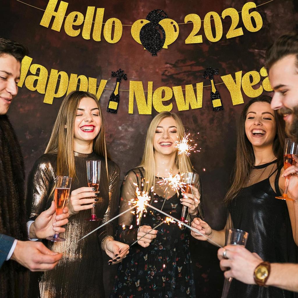 2026 New Year Banner with Sparkling Gold Letters - Elegant "Hello 2026 Happy New Year" Glitter Party Banner for New Year's Eve Decorations, Holiday