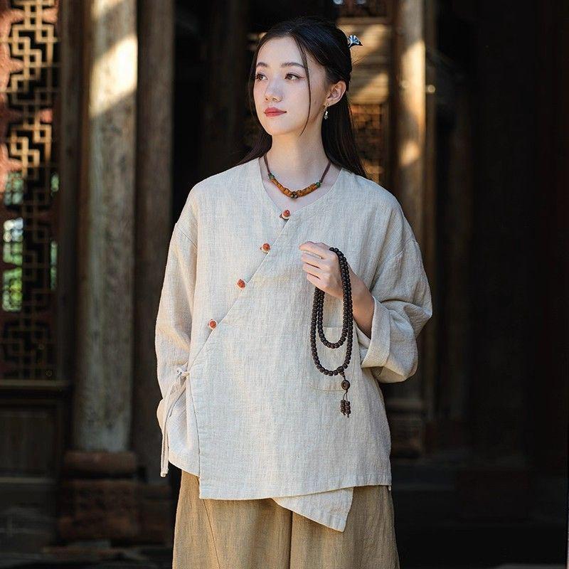 Chinese Zen Artistic Retro Cotton Linen Long Sleeve Shirt - 2025 Spring Autumn Collection: Versatile Loose Slimming Women's Wear