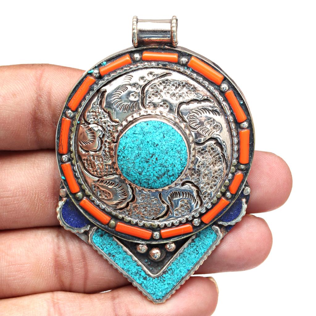 Handmade Tibetan Silver Gemstone Turquoise Red Coral Nepali Necklace Jewelry