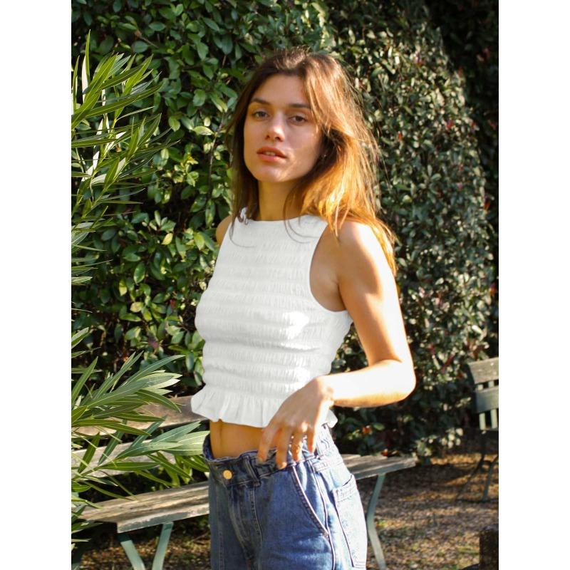 Women's Spring New Pleated High Stretch Slim Top with Ruffled Edge