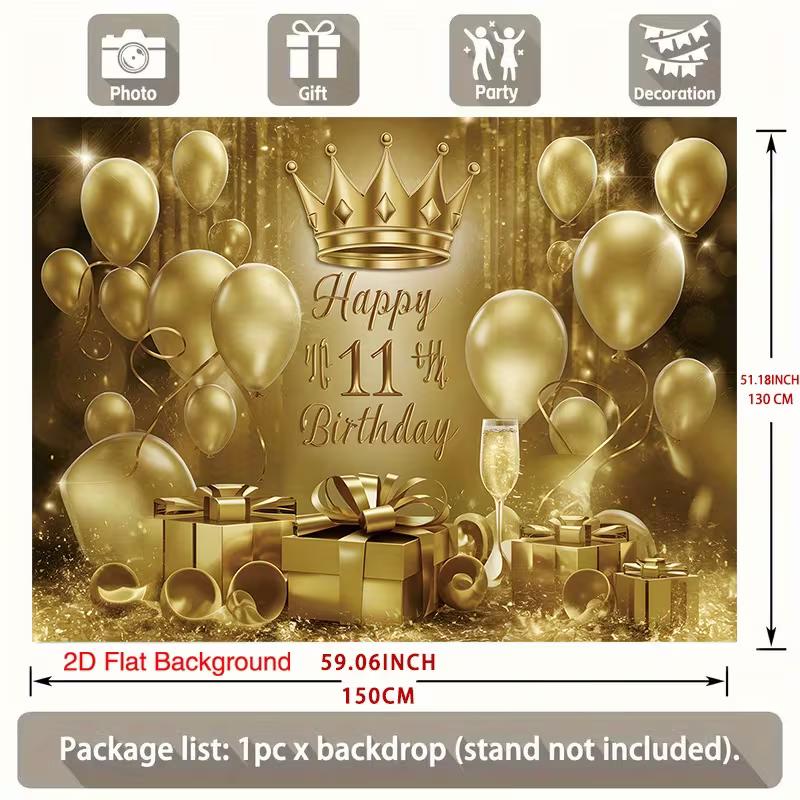 2D 11th Birthday Photography Backdrop Golden Crown & Balloon Photo Booth Banner