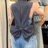 Fashion Simple Grey Bow Coat Vest for Women Y2k V-neck Single Breasted Tops Mujer Summer Sleeveless Loose Jackets