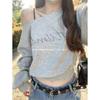 Dame Off-Shoulder Langærmet Cropped Hættetrøje Let Løstsiddende Med Rhinestone Pynt Efterårsmode Top