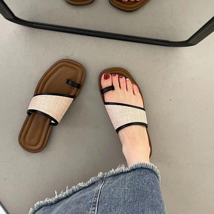 Grape Mother Same Casual Summer Square Head Toe Straw Braided Splicing Flat-bottomed Slippers Women's New Sandals