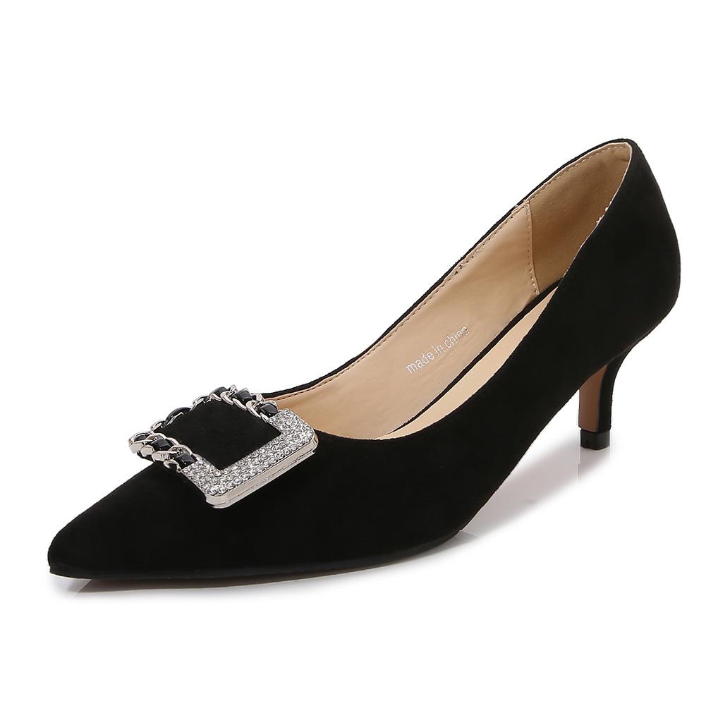 Temperament rhinestone square buckle professional single shoes pointed head light mouth stiletto black high heels female Melnis