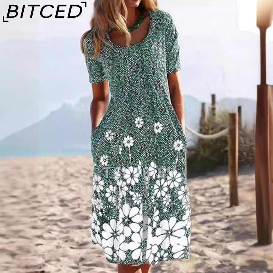 BITCED Kvinnemote Sommer Våren Ensfarget Print Kortermet V-hals Høy midje Uformelle kjoler