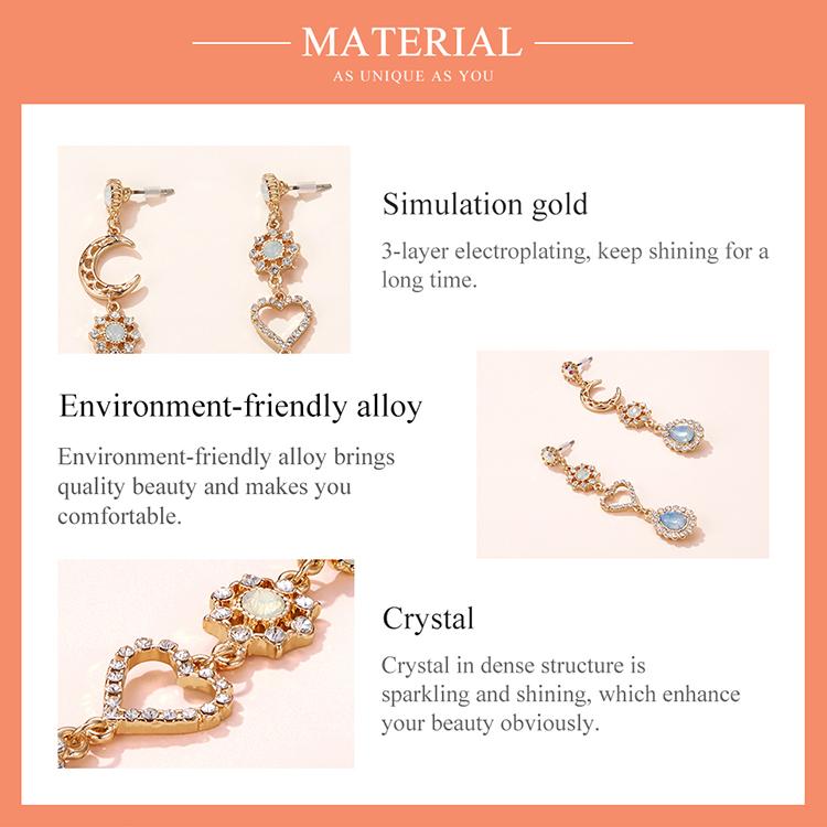 Bisaer Asymmetric Love & Moon Rhinestones Stud Earring for Ladyies Gentle Jewelry