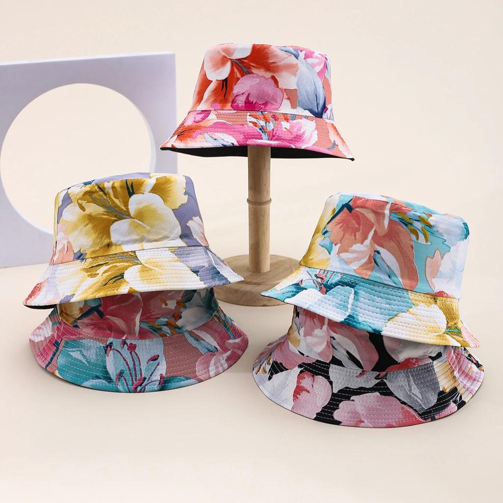 Women's Foldable Bucket Hat Flower Pattern Wide Brim Sunshade Spring Summer Outdoor Sunhat for Protection
