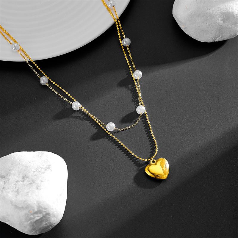 Koreanischer Stil Titan Herz Halskette - Doppellagige Perlen Schlüsselbein Kette, 3D Glatte Oberfläche, Farbbeständig, Einfaches & Elegantes Design