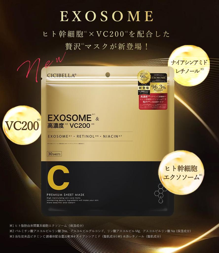 Sheet Mask 30 Sheets Large Capacity VC200 Human Stem Cell Exosome VC100 Retinol CICA High Moisturizing Face Pack Dry Pores Face Pack Glossy Problem