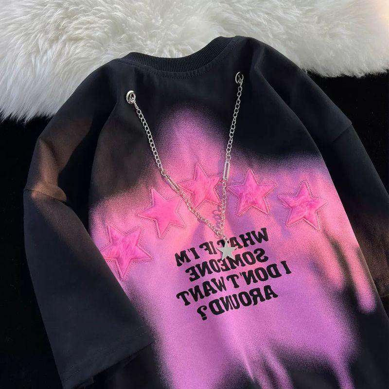 

Американский ретро хай-стрит XINGX ожерелье футболка с коротким рукавом мужская и женская большой размер летняя свободная модный стиль трендовые парные топы Black M