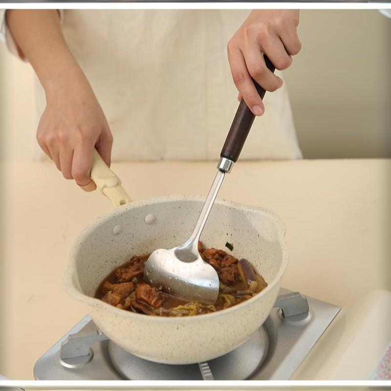 Stainless Steel Cooking Utensil Ergonomic Non-slip Wooden Handle Food Safe Cookware for Home Kitchen Student Dorm Use
