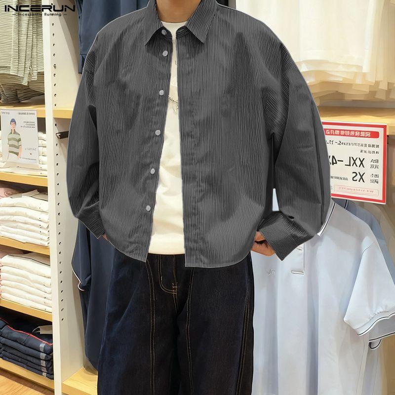 INCERUN Oversized Men Casual Loose Long Sleeve Striped Print Short Shirts Tops
