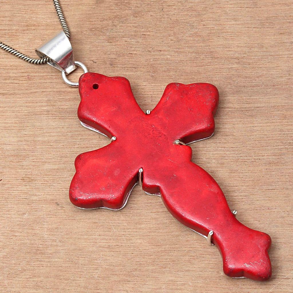 Pendant Red Coral CrosGemstone Handmade Ethnic Silver Jewelry 3.5"