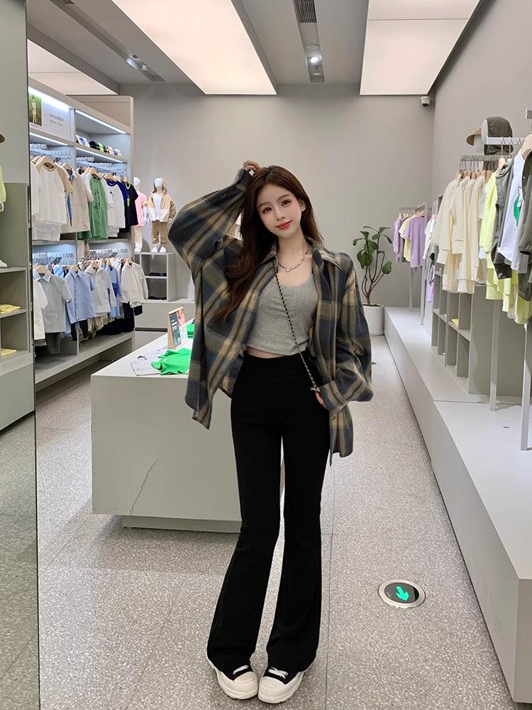 American Retro Plaid Long Sleeve Shirt Jacket for Women - Small Size, Spring/Autumn 2024