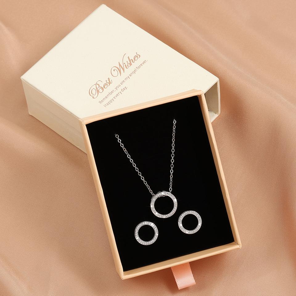 ZAKOL Fashion Sliver Color Circle Stud Earrings Necklace Set for Elegant Women Simple Zirconia Crystal Wedding Jewelry SP3016