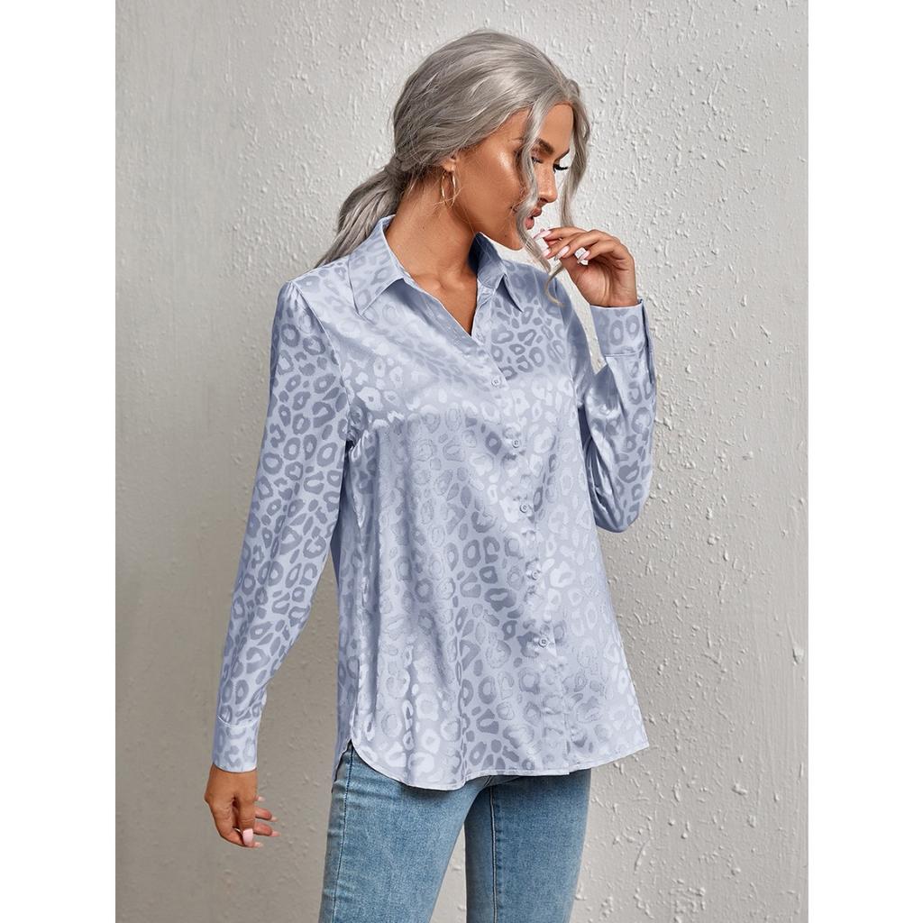 Women's Long Sleeve Lapel Button-up Leopard Jacquard Blouse Elegant Commute Shirt for Leisure