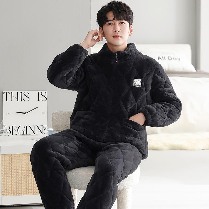Winter Couple Pajamas Women'S Three-Layer Padded Cotton Thickened And Velvet Winter New Warm Men'S And Women'S Zipper Loungewear Set