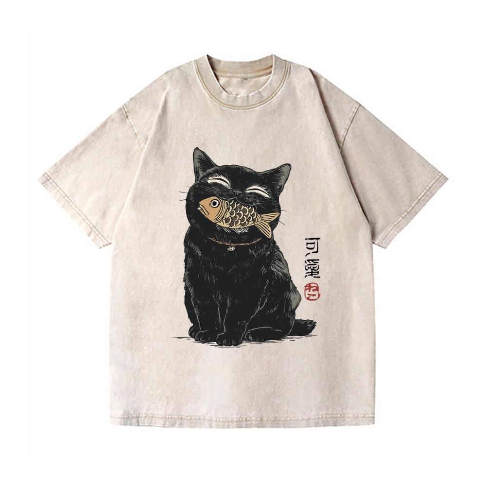 Cat Fish Vintage Wash Japanese Design T-Shirt Funny Men's Clothes Fashion Holiday Short Sleeve O-neck Cotton Tees Tops