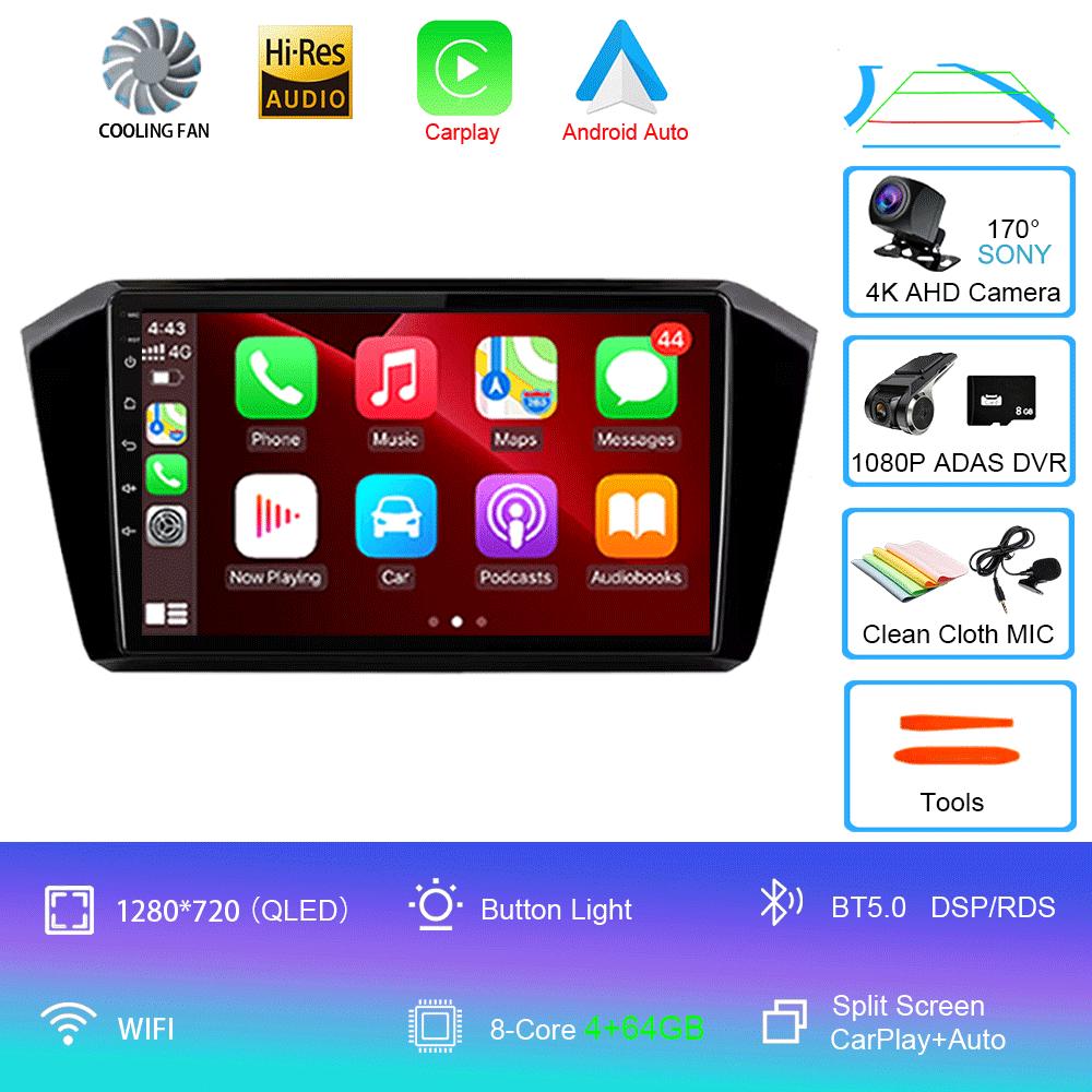 For VW Passat B8 2015 2016 2017 - 2020 Android 14 Car Radio Multimedia Player Autoradio GPS Navigation Wireless Carplay QLED 4G