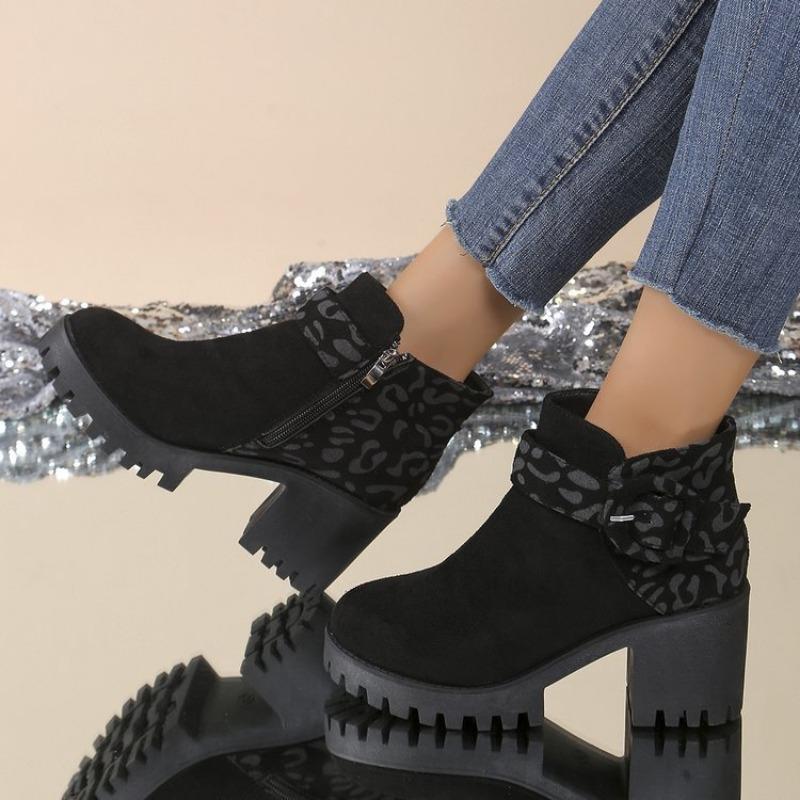 Large Size Leopard Print Martin Boots for Women's Autumn and Winter New Style Thick Heel Side Zipper High-top Short Boots for Women