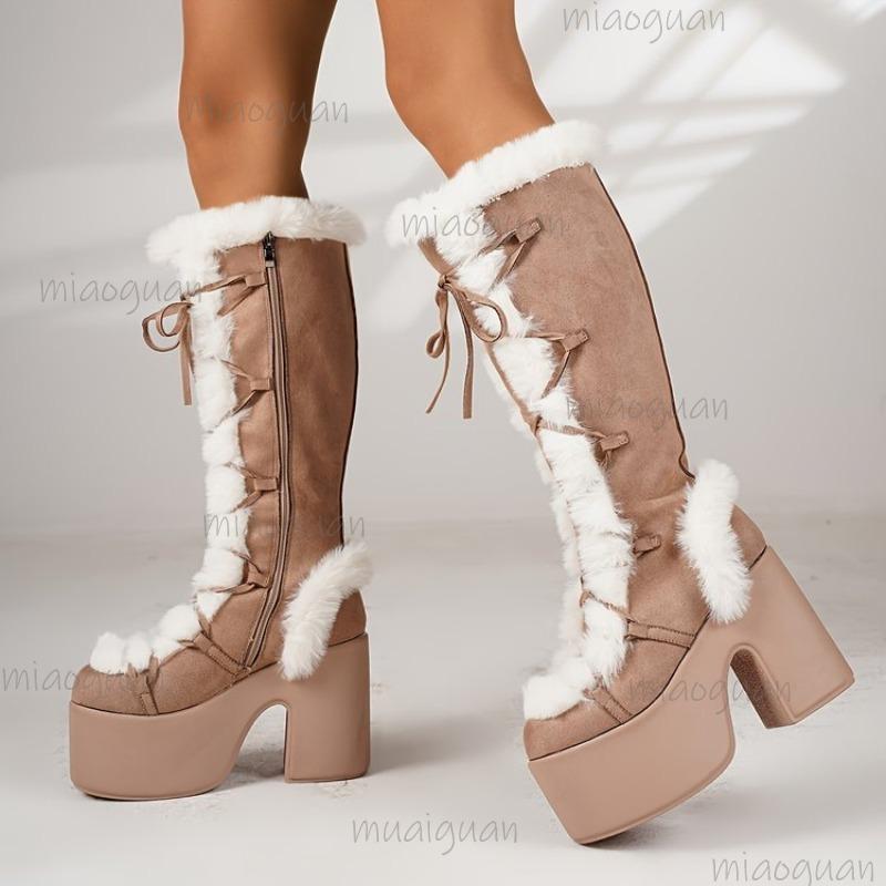 Platformowe Futrzane Buty Damskie Styl Gotycki Jesień Zima Khaki Wysokie do Kolan Gruba Podeszwa Buty Punkowe Moda Damska Rozmiar 36-43