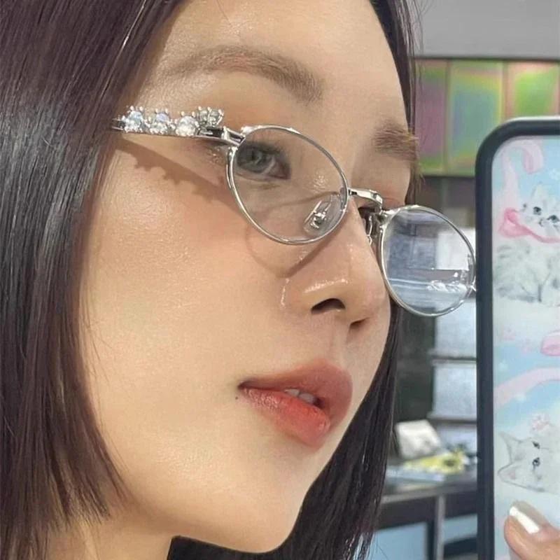 Women's Punk Retro Silver Anti Blue Light Eyewear Rhinestone Stainless Steel Oval Frame Glasses Girl Reading Seaside Spectacles