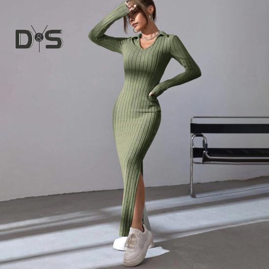 Women Spring Fall Dress V Neck Slit Hem Thread Slim Fit Long Sleeves Ankle Length Knitted Elastic Maxi Dress Shopping Dating Party Dress