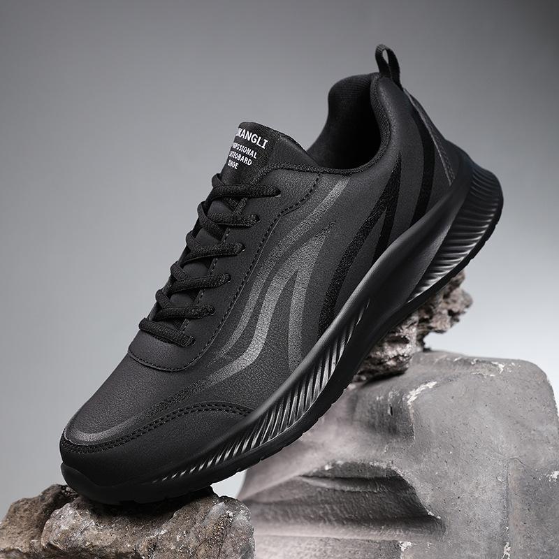 Autumn and winter large size lightweight shock-absorbing shoes leather surface waterproof black casual shoes running and dancing sports shoes