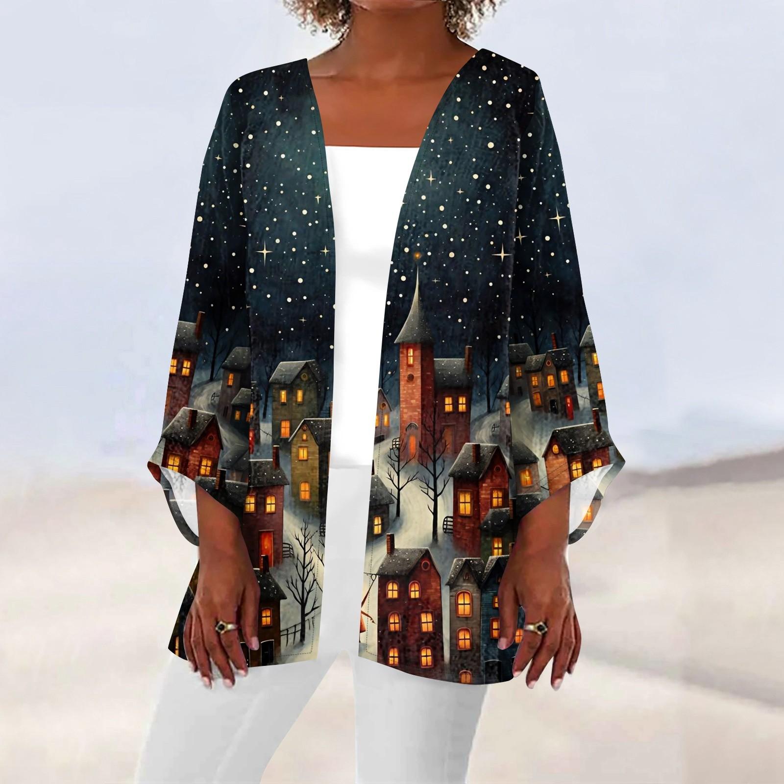 

Женская повседневная мода Caot с рождественским принтом Легкая куртка средней длины Кардиган XXXL оранжевый