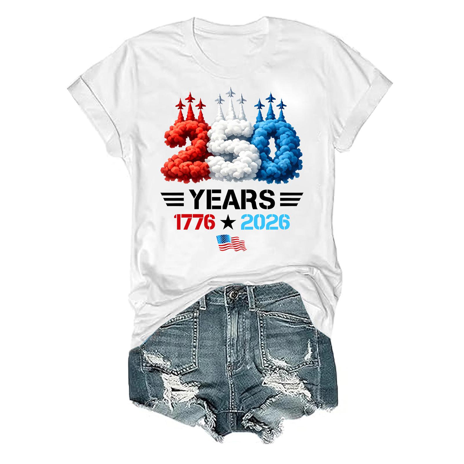 

Womens Short Sleeve Crew Neck Graphic Tee 250 Years 1776 2026 Printed Casual Loose Fit T Shirt Soft Cotton Top XL білий