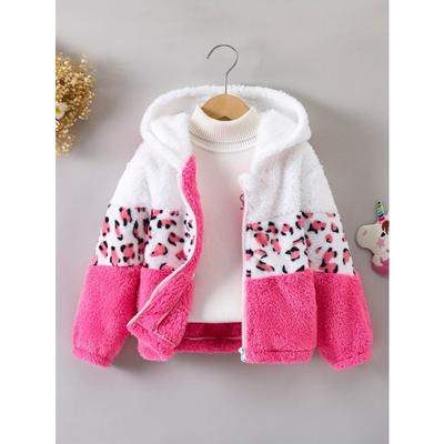 Acogedora y Linda Chaqueta con Capucha con Cremallera para Niñas con Estampado de Leopardo y Forro Polar Rosa - Cálida, Gruesa Mezcla de Poliéster para Otoño/Invierno, Mangas Largas, Estilo Casual