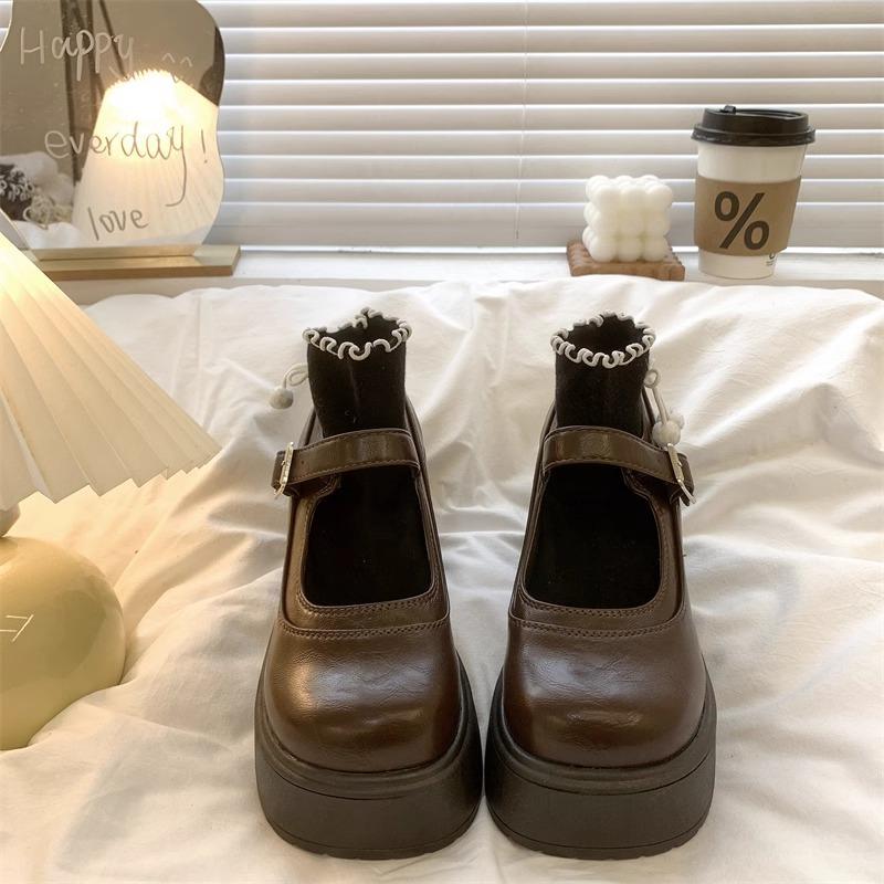 

Жіночі туфлі на високих підборах 2025 нова весна та літо ретро жіноче взуття товсті підбори маленькі шкіряні туфлі Мері Джейн туфлі-човники 38 темно-коричневого кольору