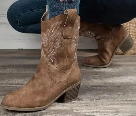 

Embroidered Women s Boots Autumn/winter New Round Toe V-neck Low Heel Midsole Fashion Boots Anti Slip Comfort Trendy Shoes 39 коричневий