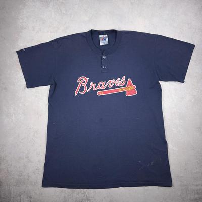 Vintage koszulka Henley Atlanta Braves MLB i koszulka dziecięca - Koszulka baseballowa Majestic, Y2K, Granatowy, XL