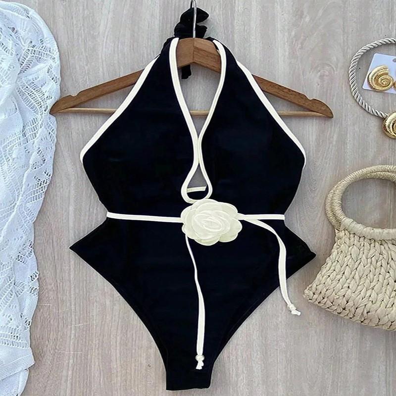 

Solid Color Neck Hanging Three-dimensional Flower Slimming Covering Flesh One-piece Sunscreen Bikini Swimsuit Women S