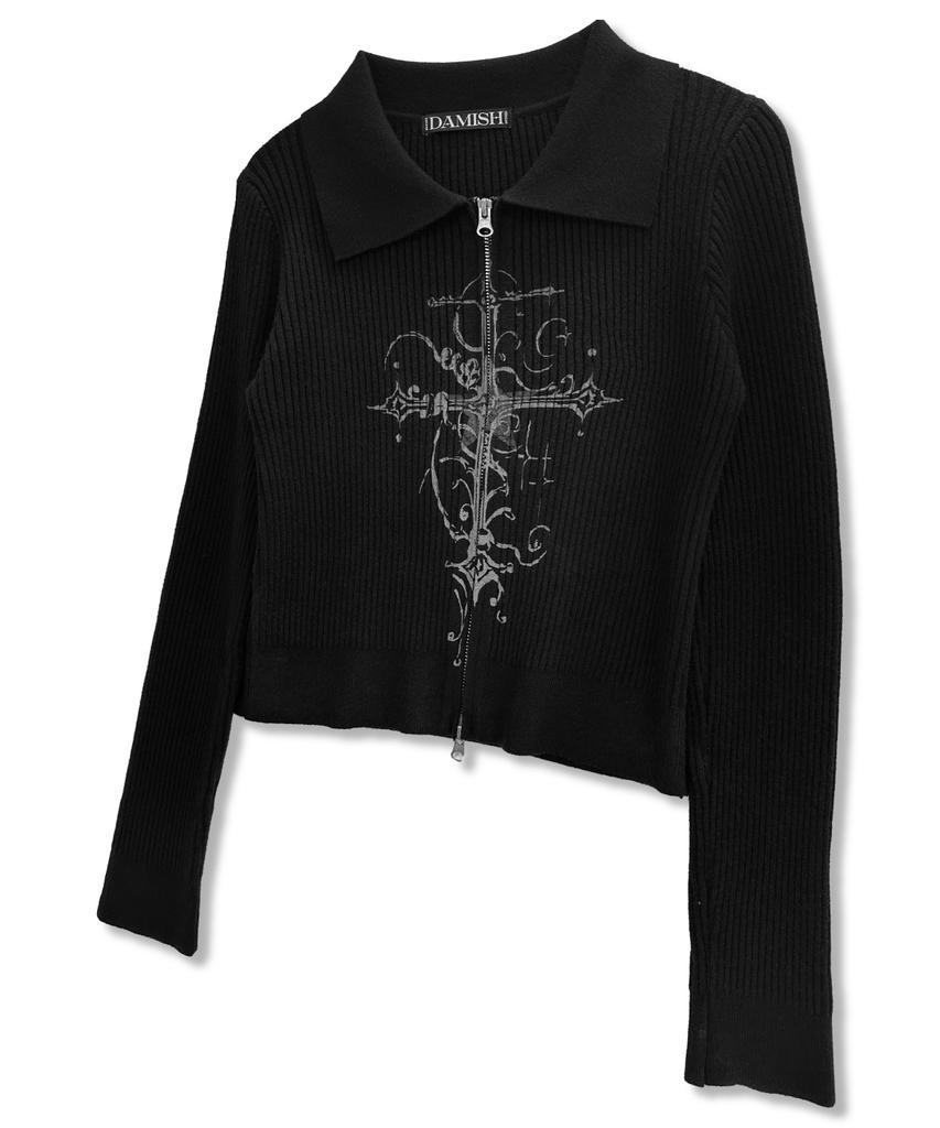 Damiswi Cross Print Ribbed Knit Zip-Up_Black