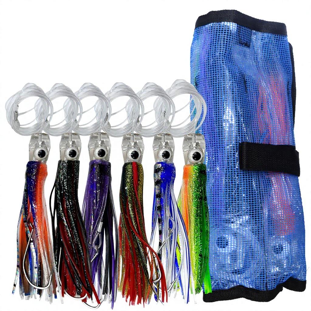 6-Piece Resin Soft Lure Set-Large Octopus Skirt Squid-Style Baits for Trolling Boat Fishing & Sea Angling Tuna Lure Hooks