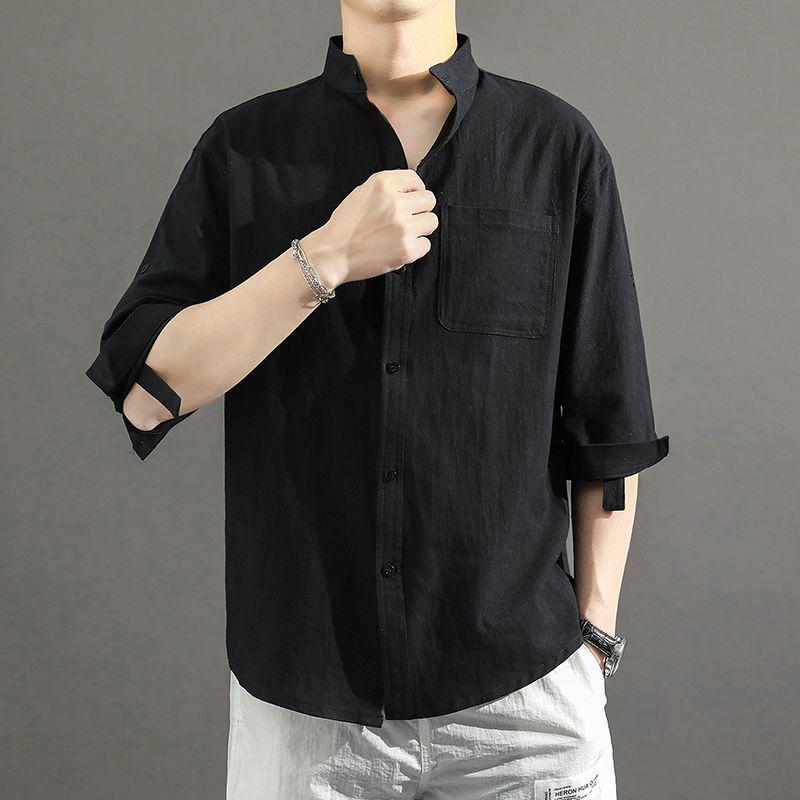 Men's Loose Fit Cotton & Linen Three-Quarter Sleeve Chinese Style Shirt
