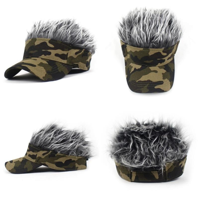 Men Baseball Cap With Spiked Hairs Wig Unisex Fake Wigs Hip Hop Urban Street Style Sunhat Outdoor Army Green Camouflage Print Jungle Sunshade Visor